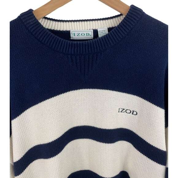 IZOD Vintage 90s Mens Size Large Blue/Cream Striped Long Sleeve Crewneck Sweater - Picture 3 of 10